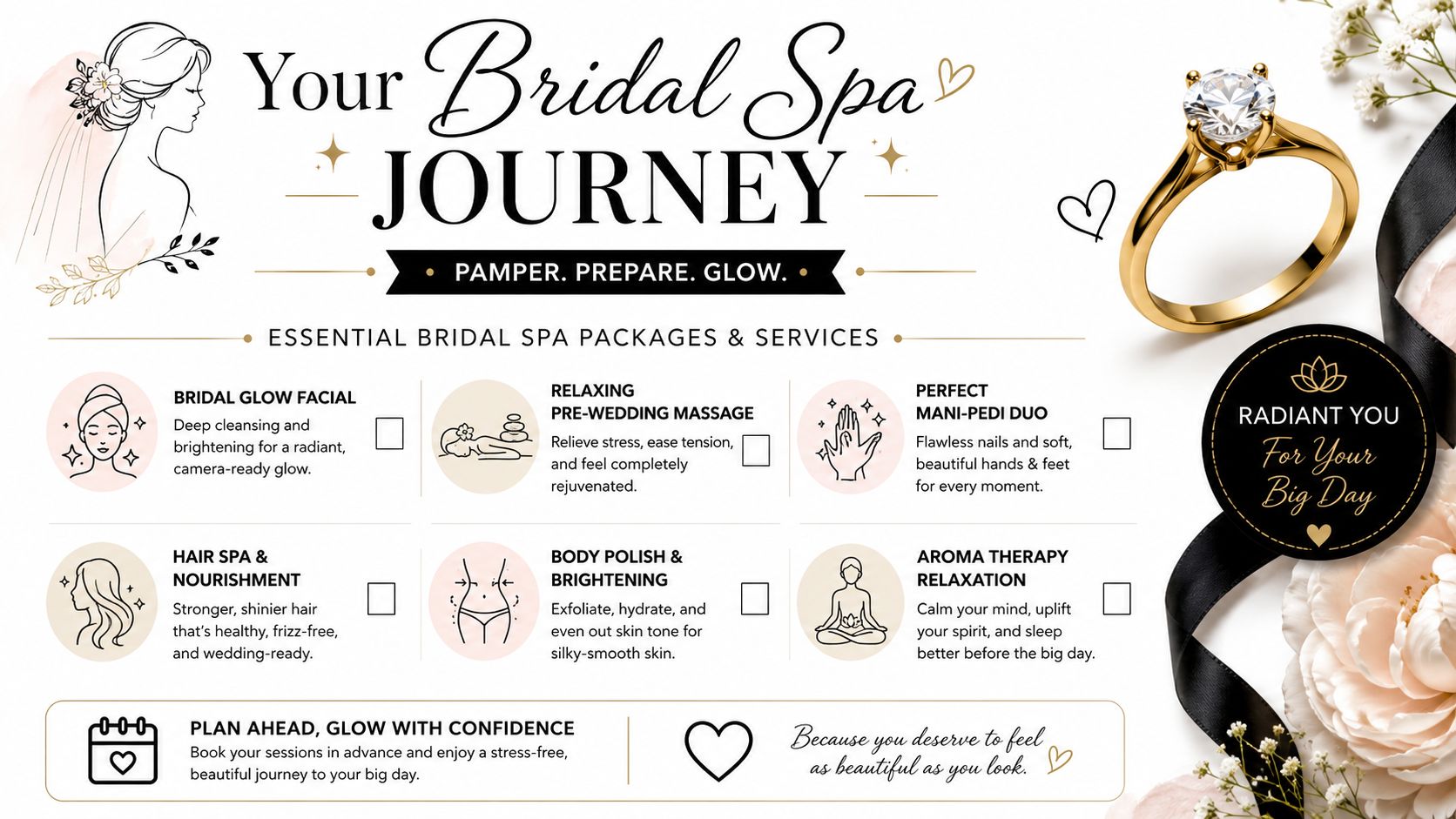 A beautiful promotional flyer listing essential bridal spa packages and services for a stress-free wedding preparation.
