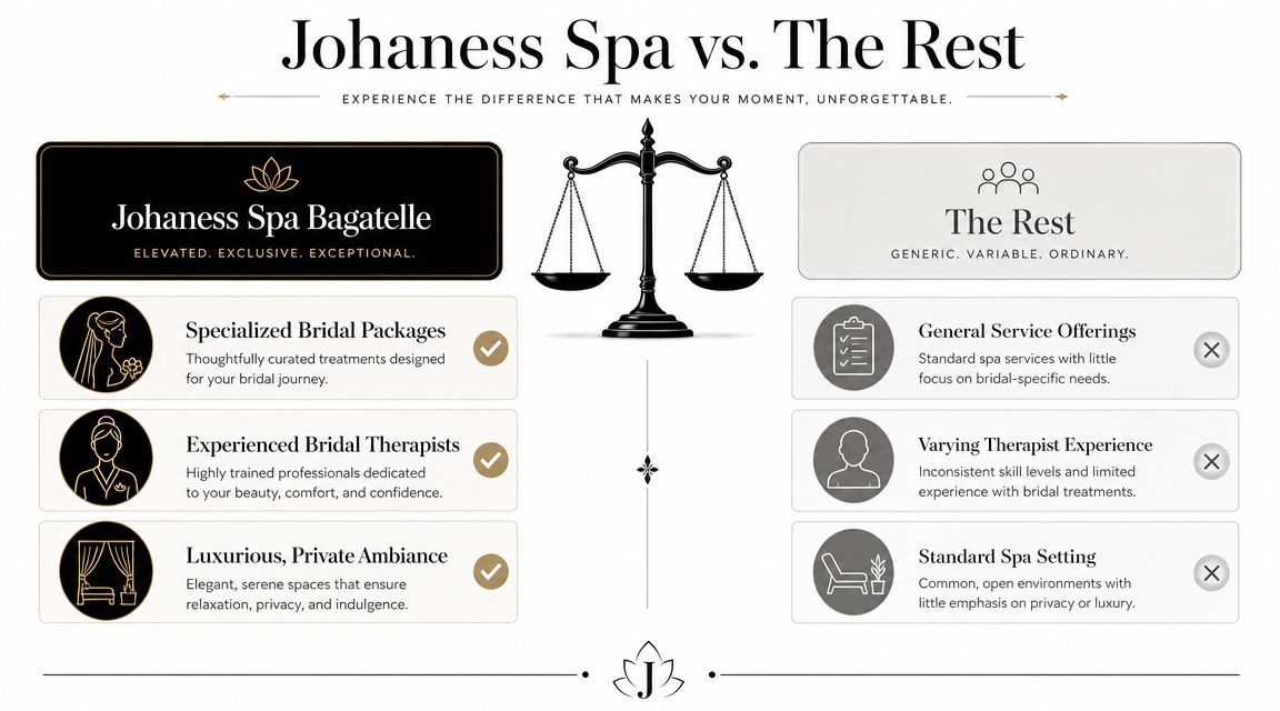 A comparison infographic highlighting the premium, bridal-focused services of Johaness Spa Bagatelle versus generic, standard spa alternatives.