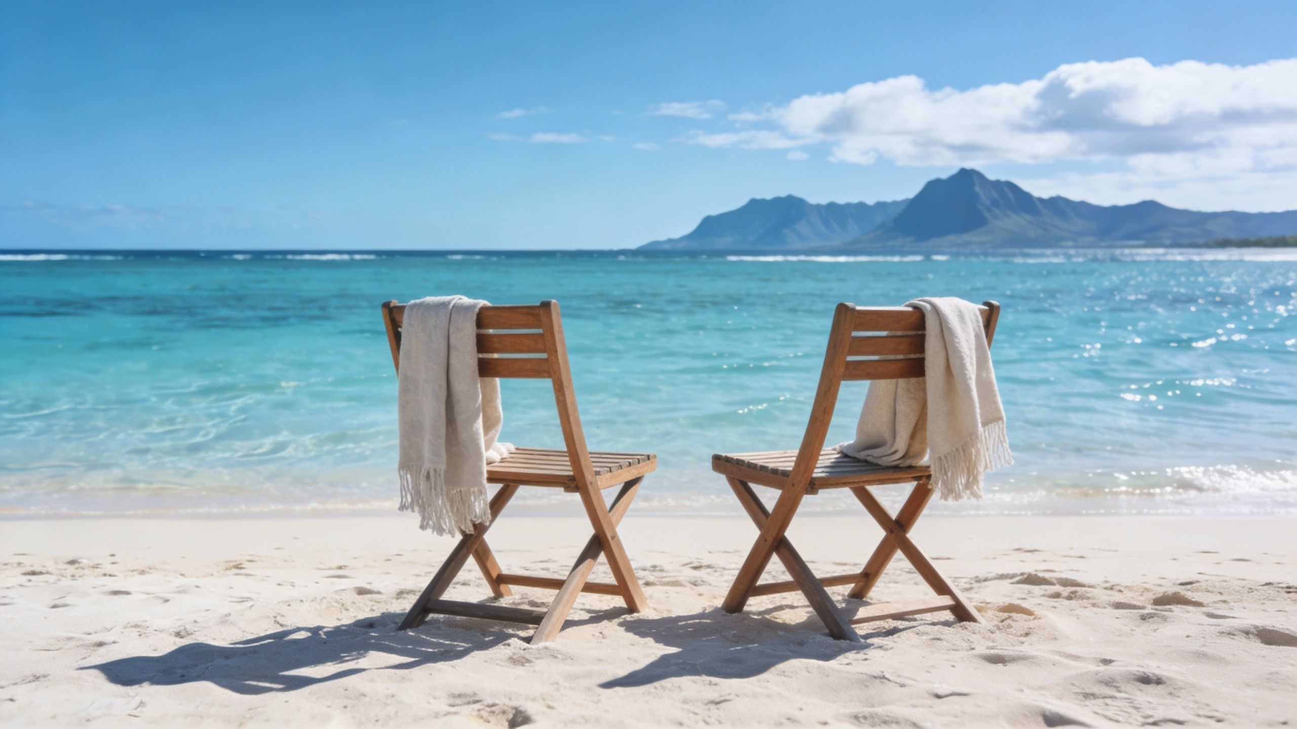 Two wooden chairs with draped blankets face the calm turquoise ocean on a sunny Mauritius beach.