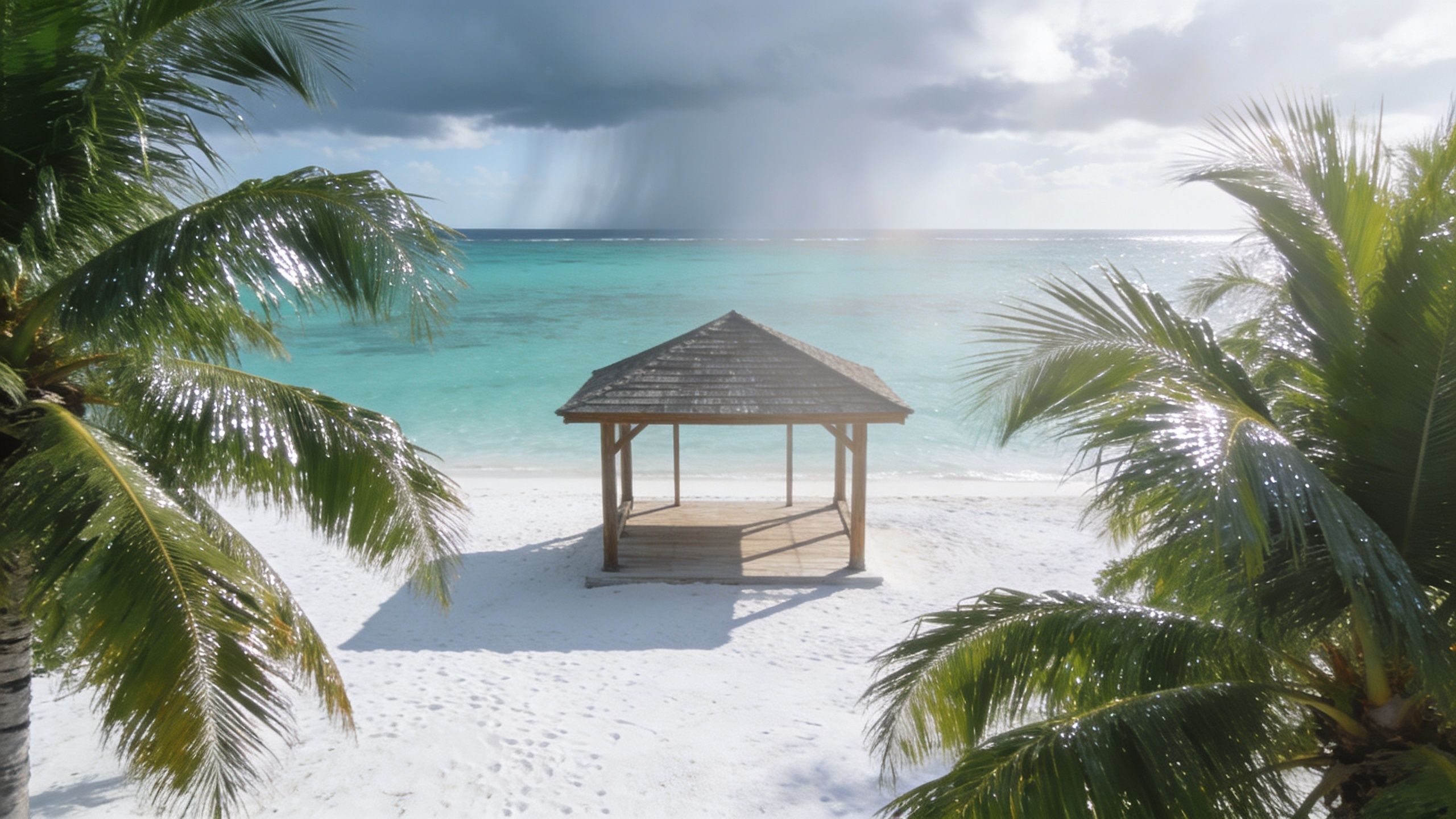 A wooden beach pavilion on a white sandy beach in Mauritius with a rainy sky background.