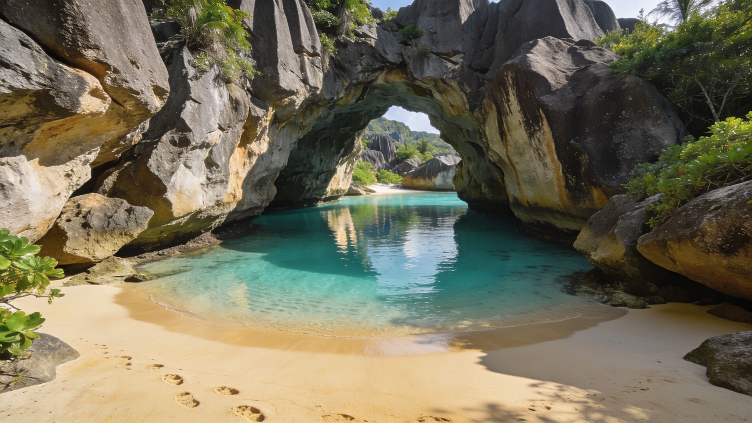 A secluded tropical beach with turquoise water surrounded by dramatic towering granite rock formations in Rodrigues.