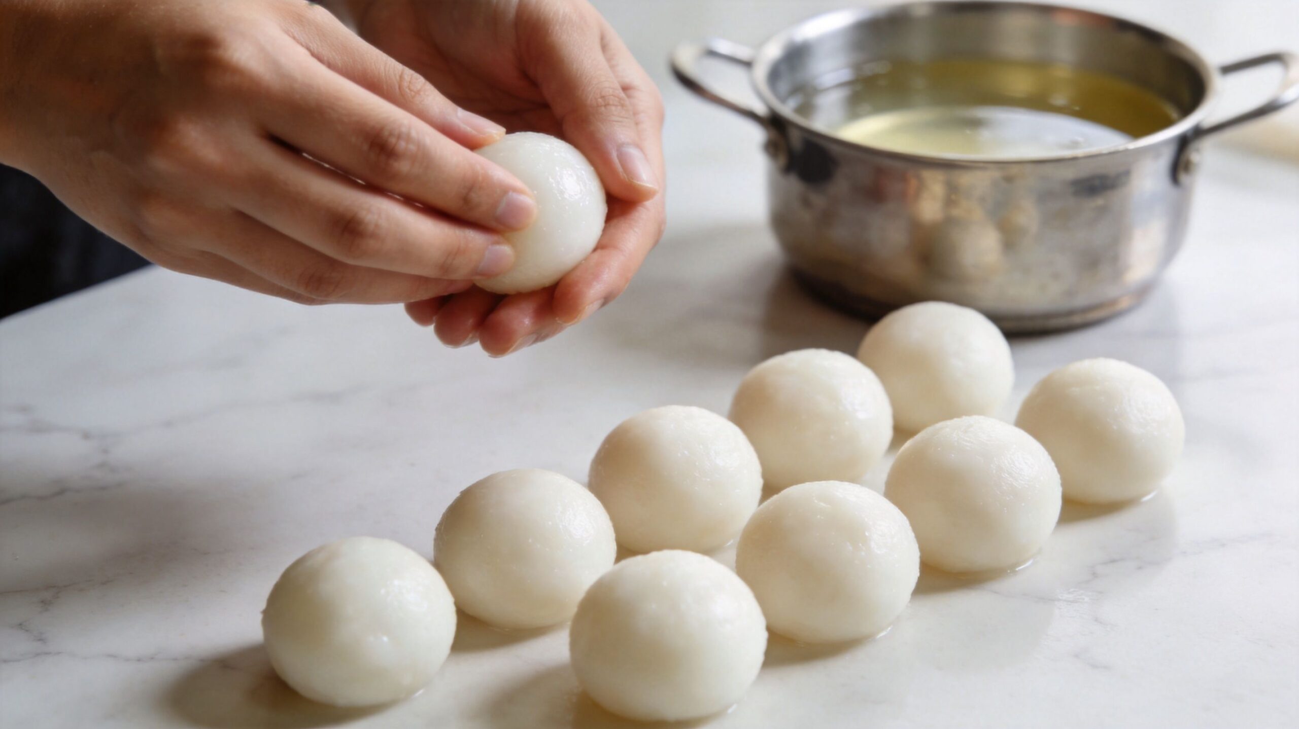 A pair of hands rolling soft white dough into a smooth ball for making traditional rasgulla.