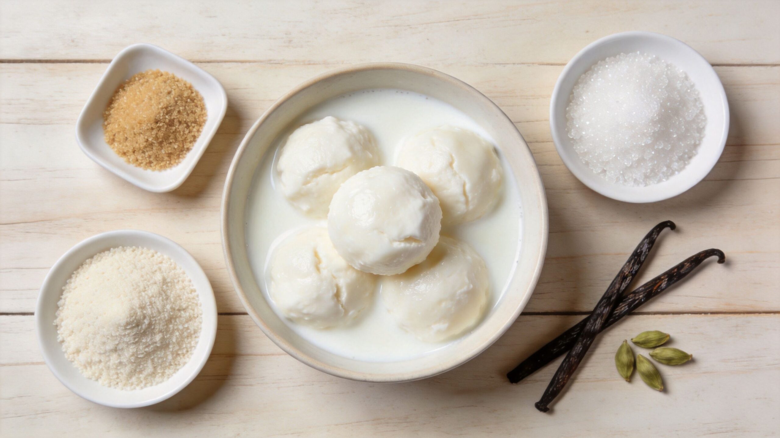 A bowl of rasgulla in milk served with bowls of various sugars, vanilla beans, and green cardamom.