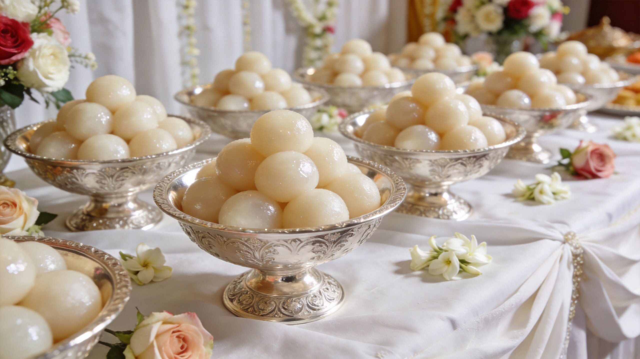 Several silver bowls filled with round, syrupy white rasgulla sweets arranged on a white cloth for a celebration.