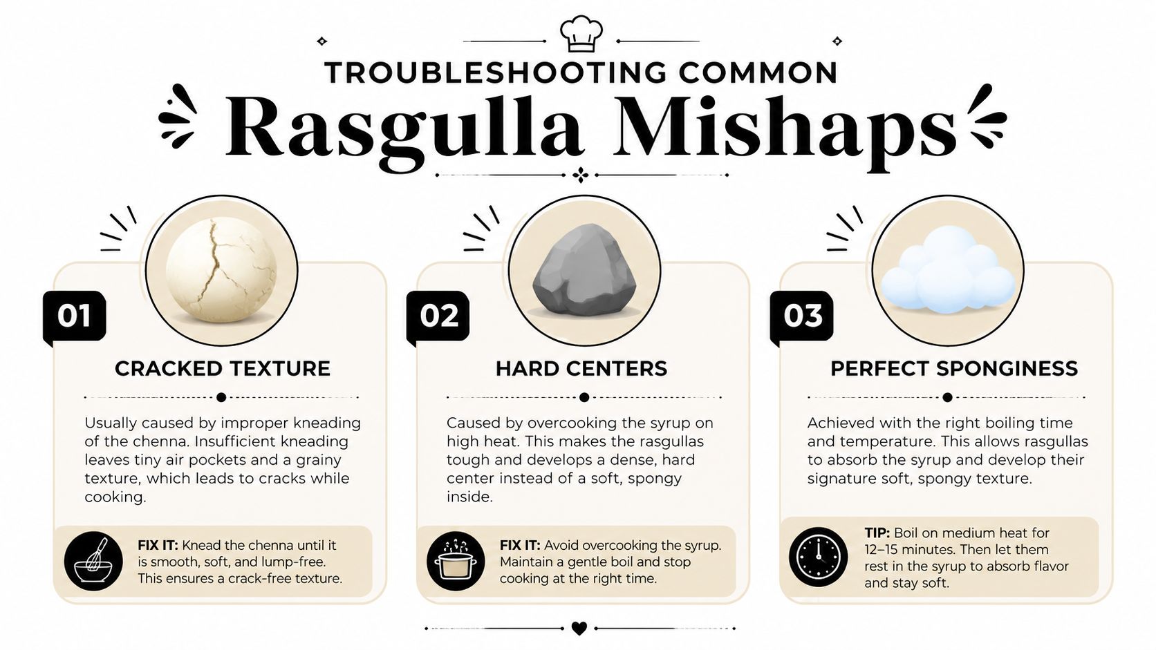 A troubleshooting infographic for making rasgullas, explaining causes for cracked textures, hard centers, and achieving perfect sponginess.
