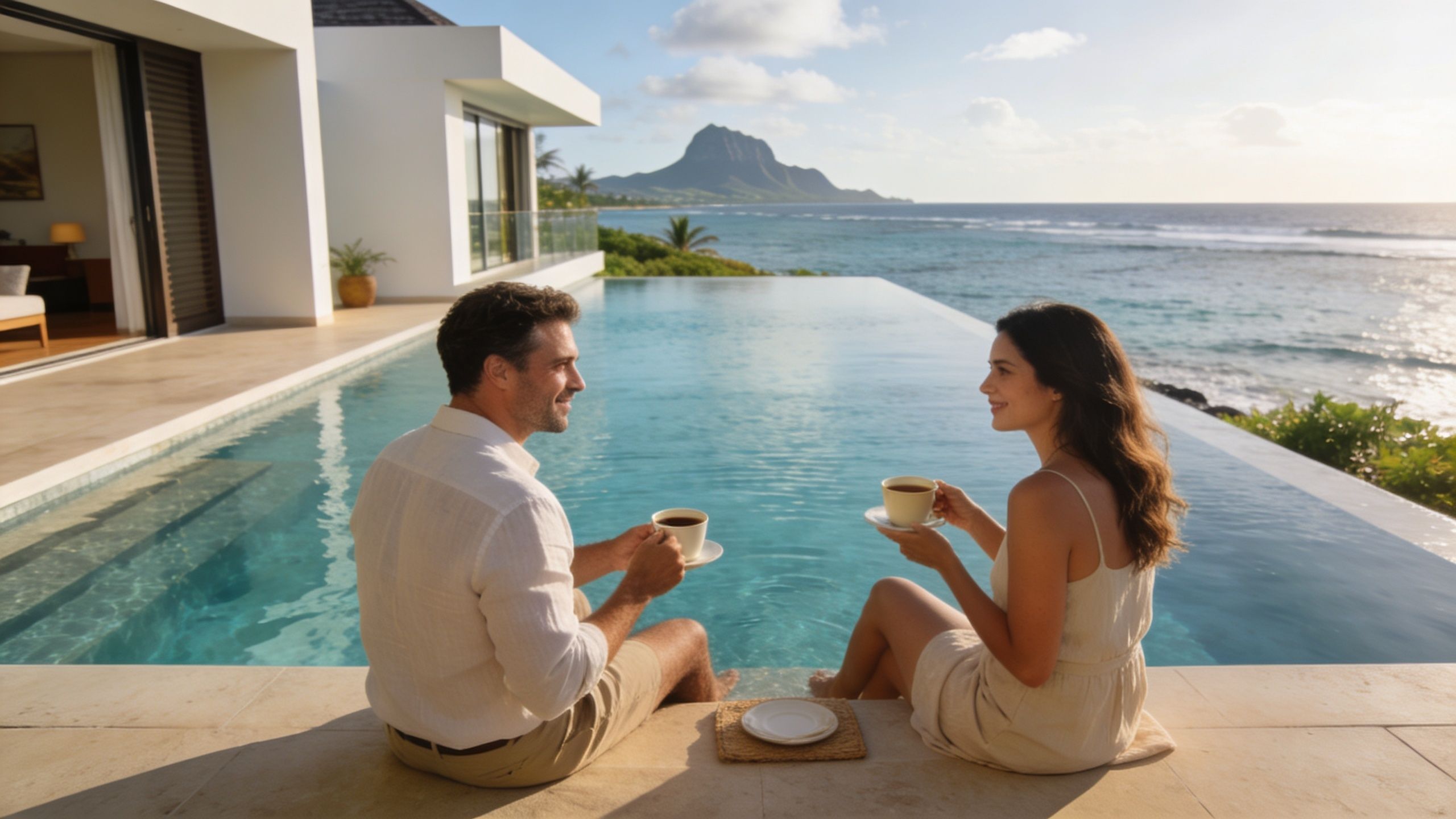 A couple sits on the edge of a luxury infinity pool overlooking the ocean in Mauritius.