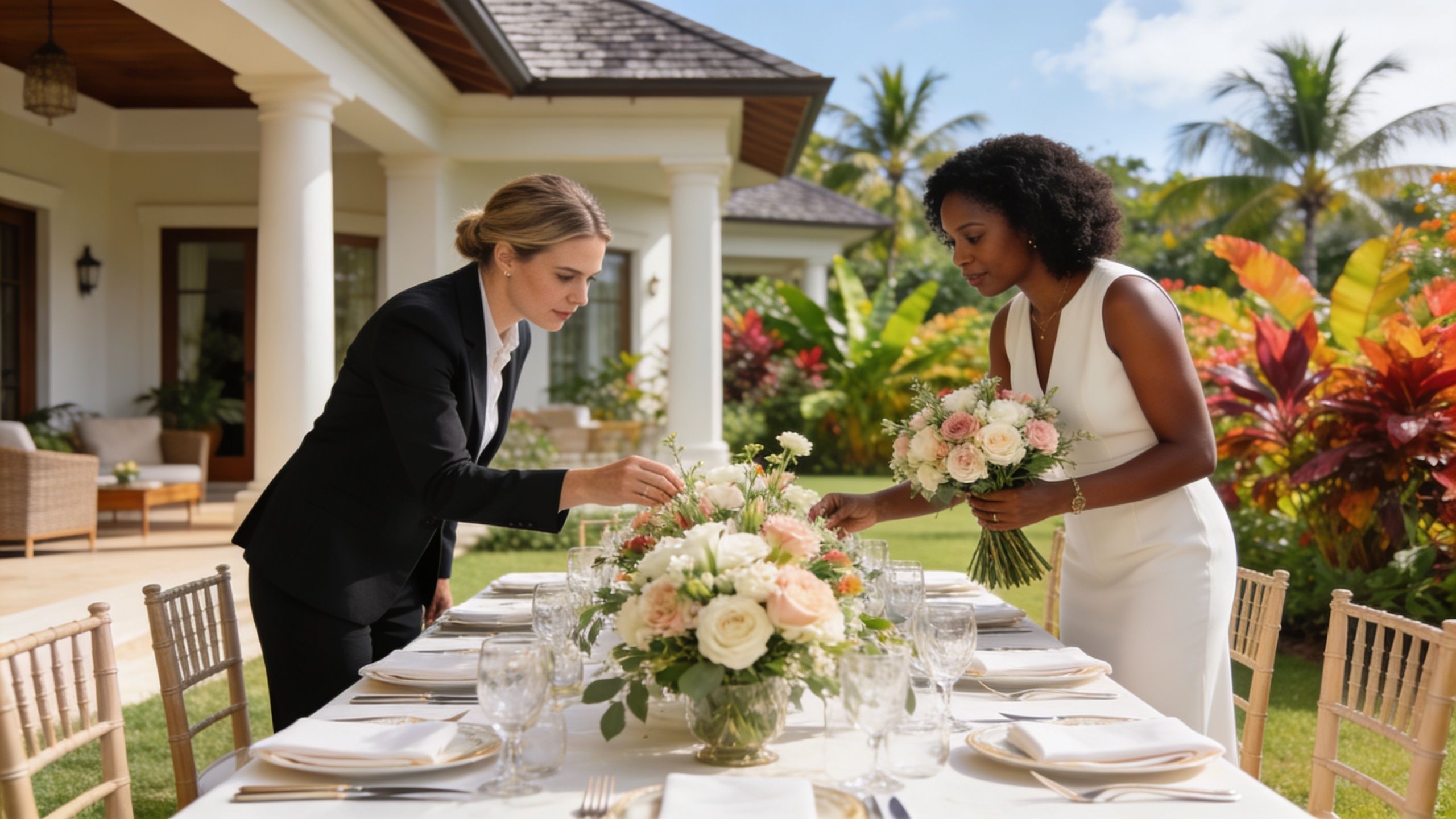 A wedding planner and a bride decorating a dining table with flowers at Villa Valriche, Mauritius.