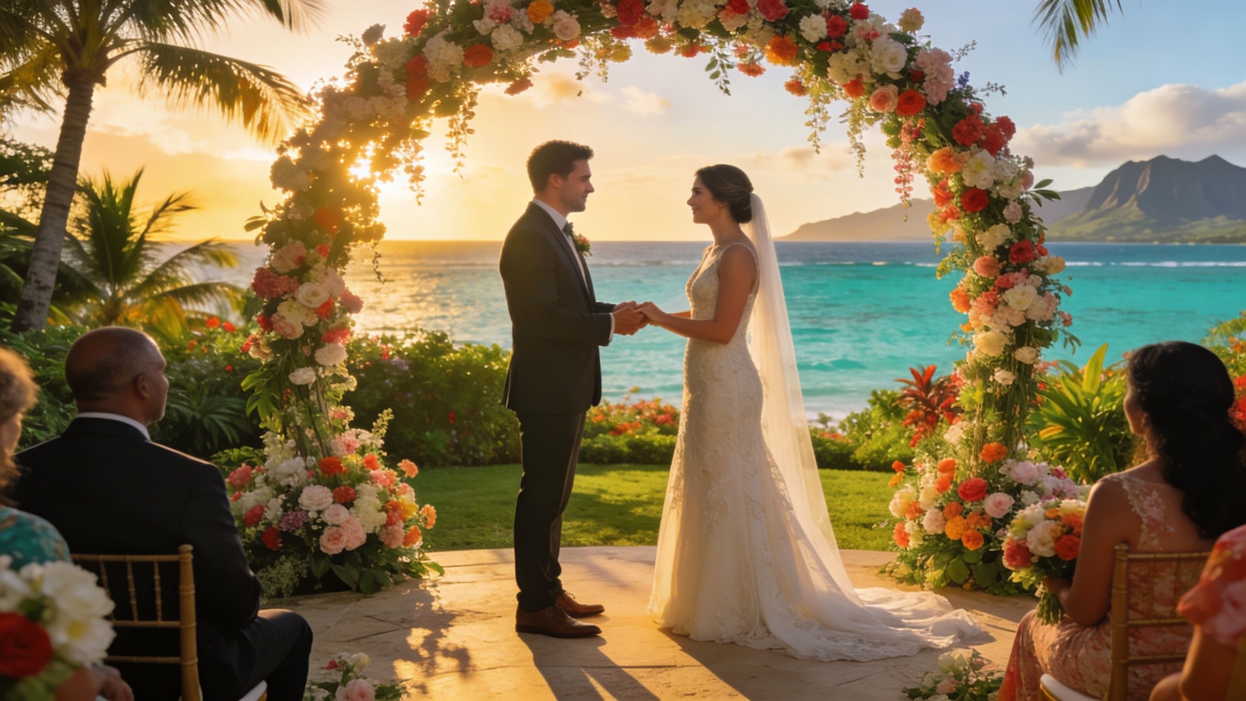 A bride and groom holding hands during a romantic sunset wedding ceremony at Villa Valriche, Mauritius.