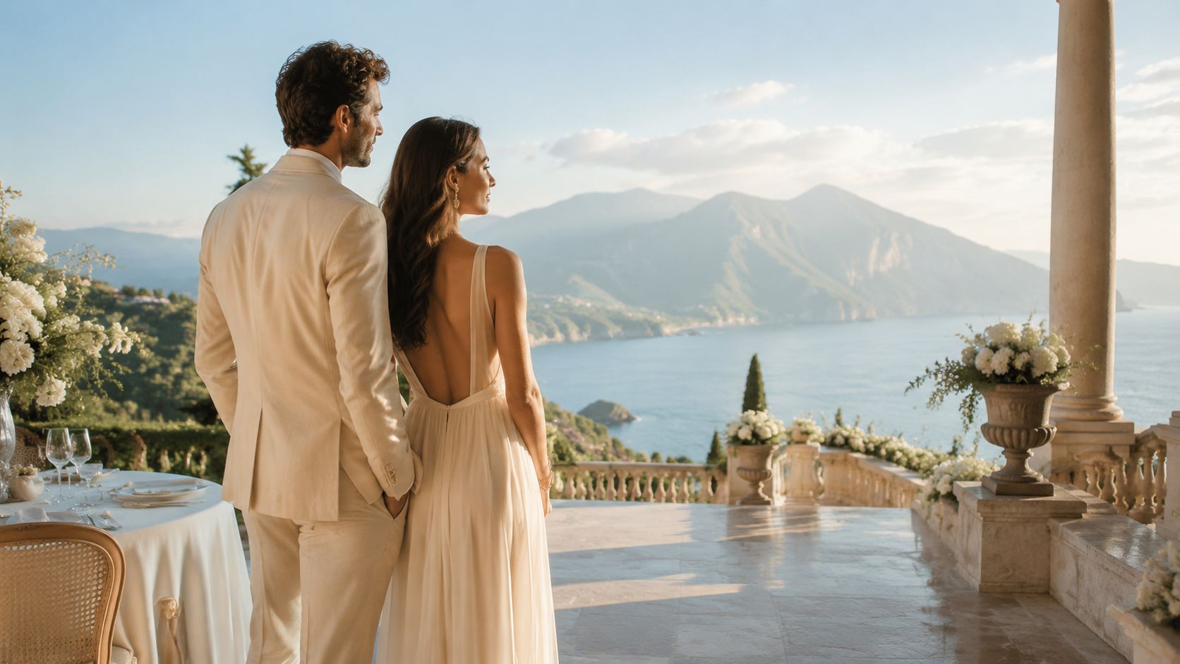 A wedding couple overlooking the sea and mountains from a beautiful stone terrace at sunset.