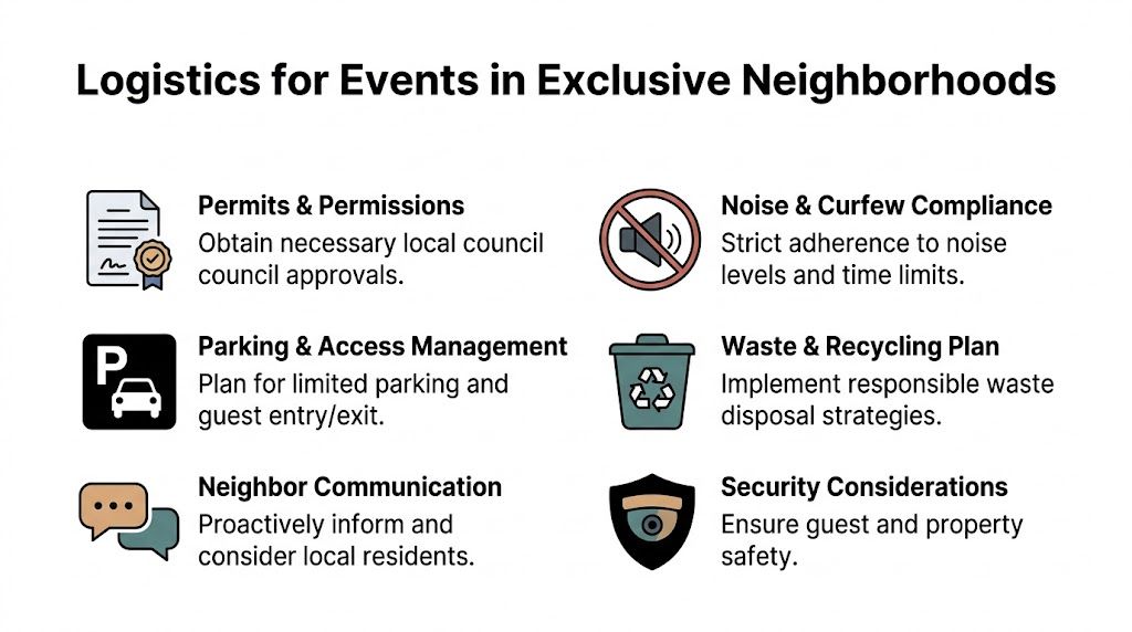 An infographic titled Logistics for Events in Exclusive Neighborhoods listing key planning considerations for hosting events.
