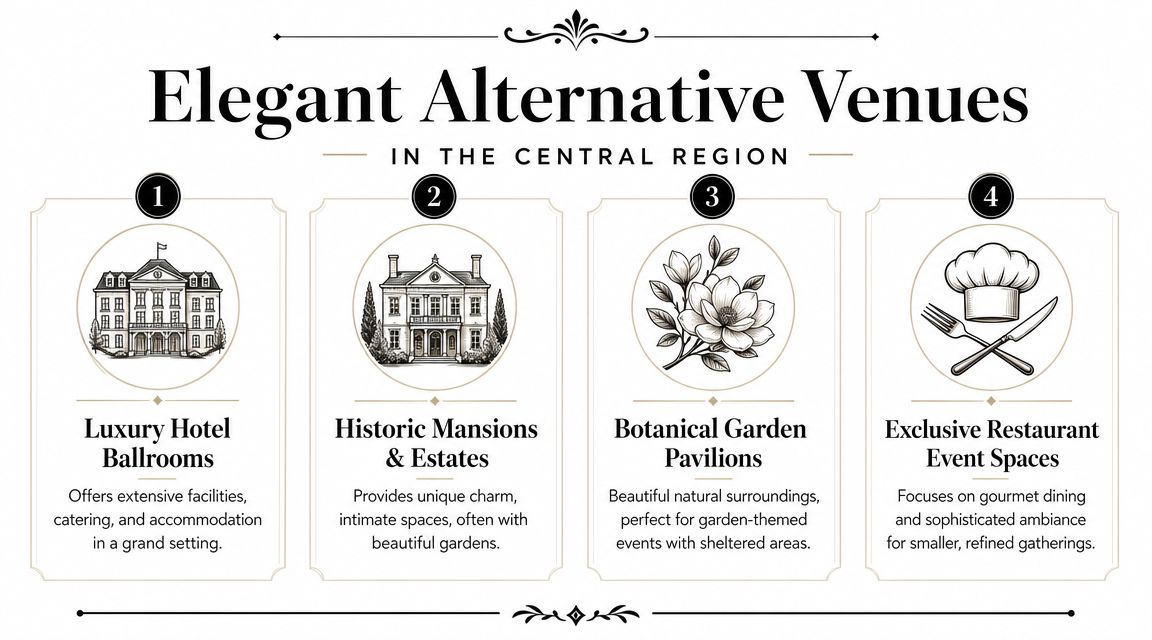 A graphic showing four types of elegant event venues including luxury hotels, historic mansions, gardens, and restaurants.