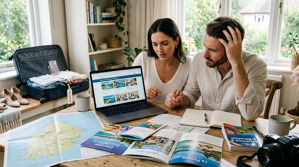 A couple looks stressed while planning their tropical vacation to Mauritius with a laptop, map, and travel brochures.