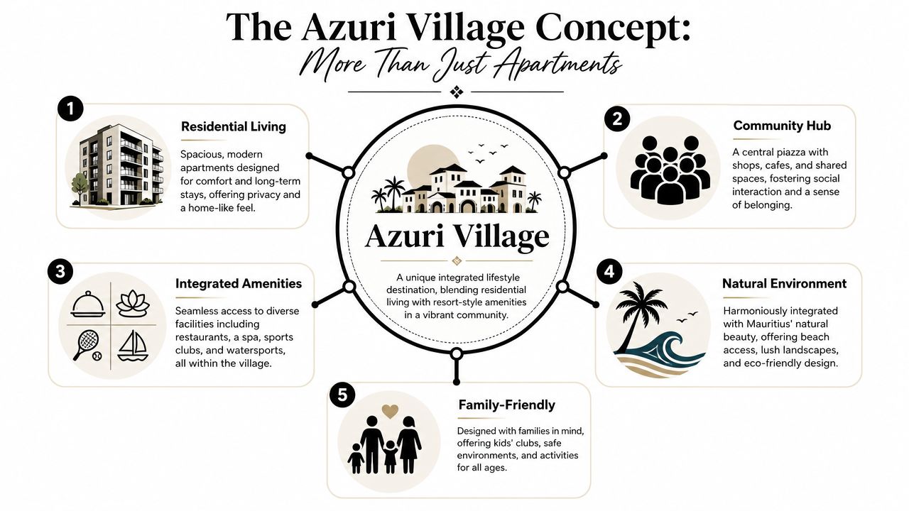 An infographic titled The Azuri Village Concept detailing five key features of this integrated residential lifestyle destination.