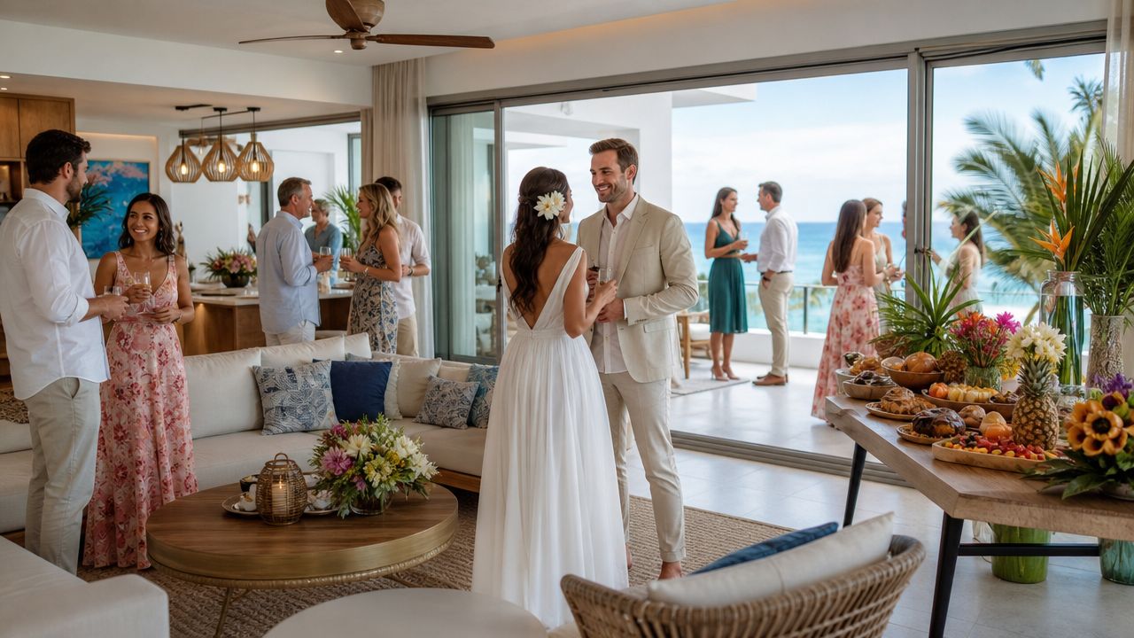 A bride and groom celebrating with guests in a luxury modern apartment overlooking the ocean.