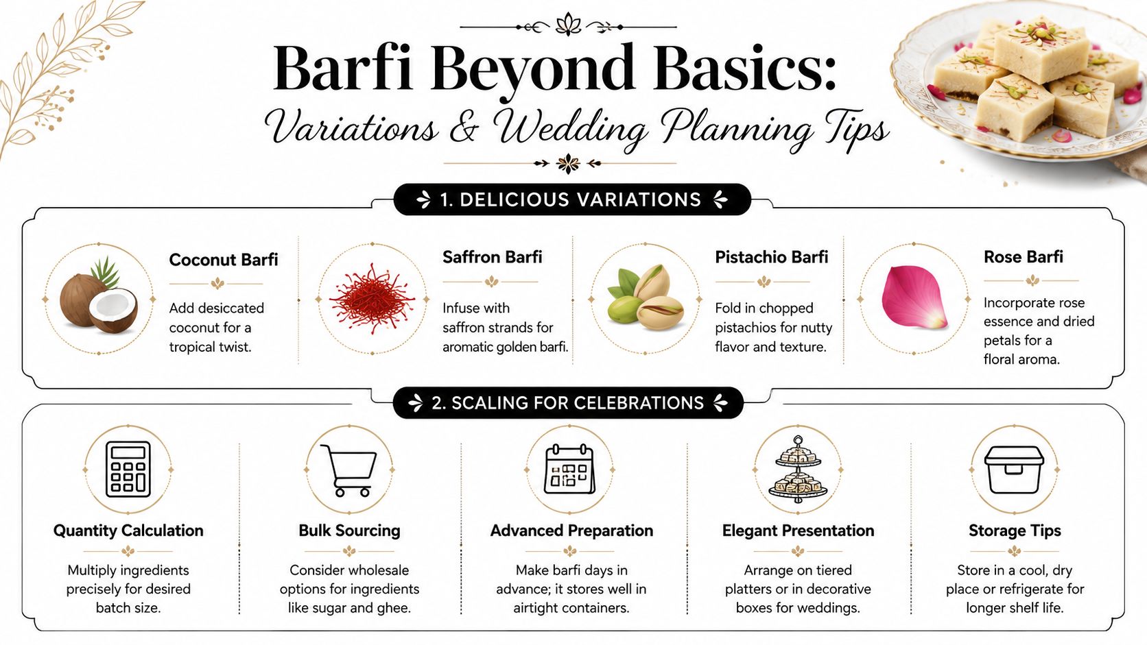 An infographic detailing creative barfi flavor variations and wedding event planning tips for bulk preparation.