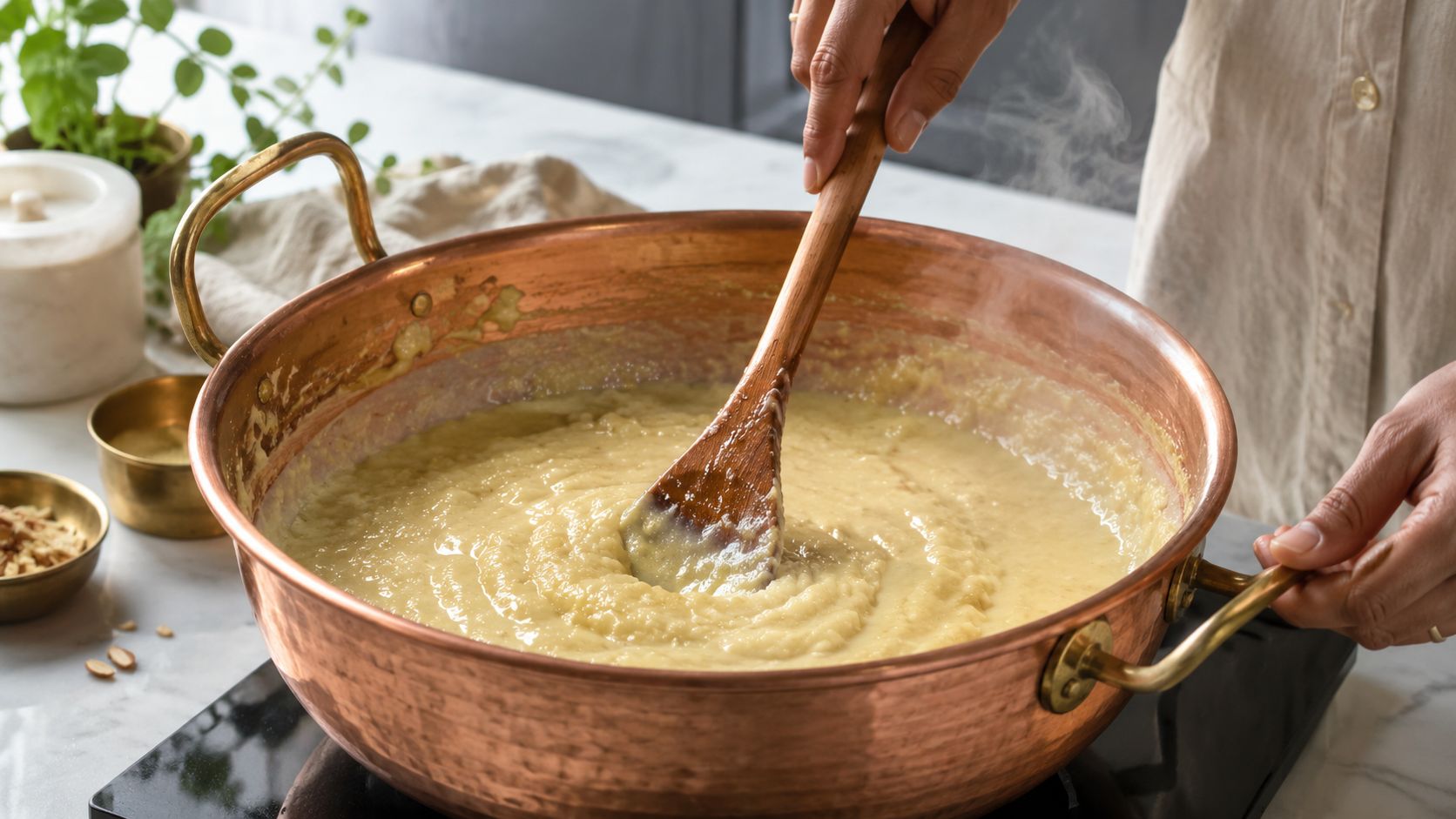 A person stirs a creamy yellow mixture cooking in a traditional copper pot on a stovetop.