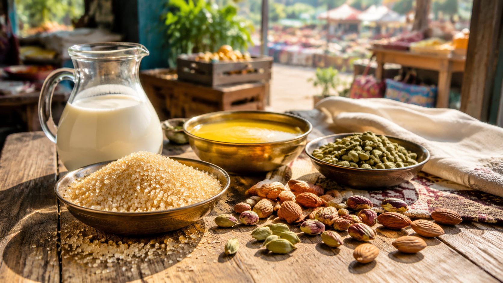 A rustic table featuring ingredients for a Mauritian barfi recipe including milk, ghee, sugar, cardamom, and nuts.