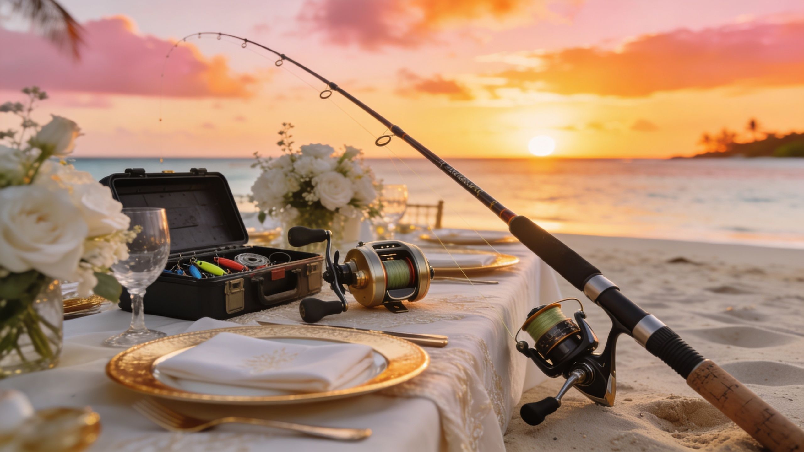 An elegant outdoor dinner table set with flowers, fishing gear, and tackle box on a tropical beach.