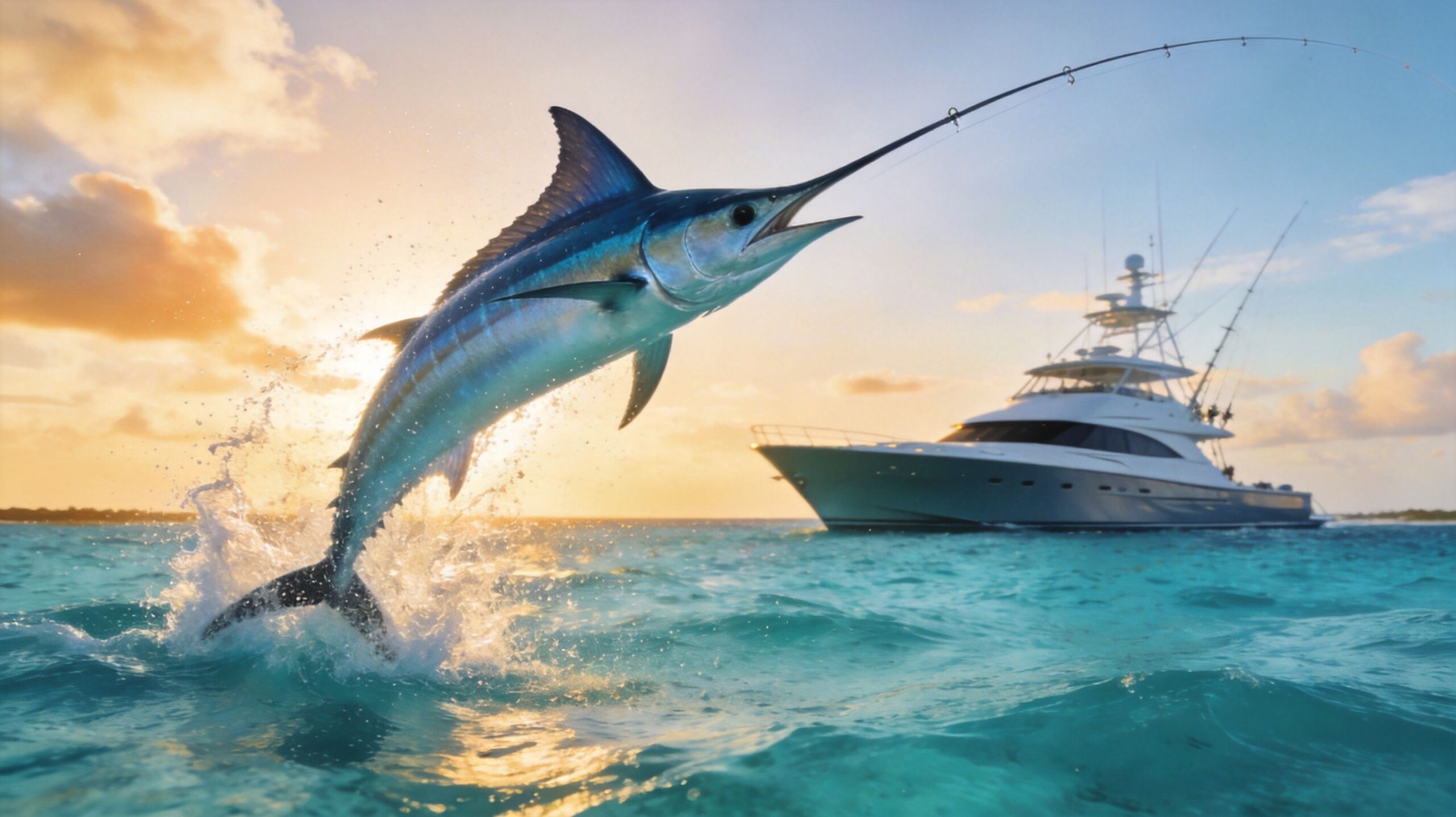 A large marlin leaps out of the turquoise ocean while hooked on a line near a fishing boat.