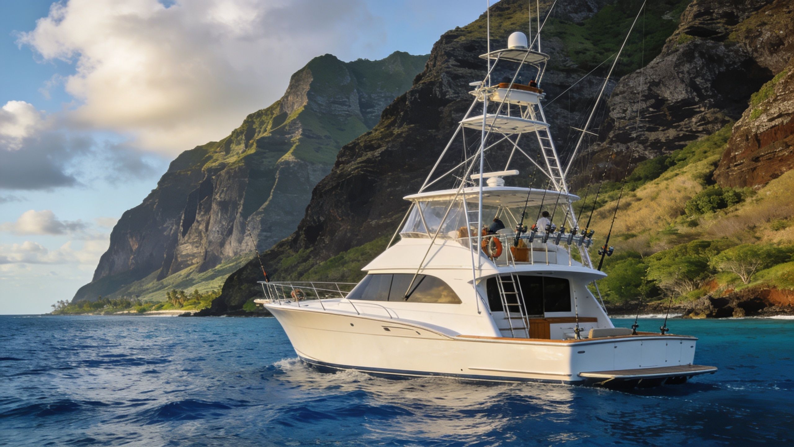 A luxurious white sport fishing boat cruises past the scenic, dramatic mountains of the Mauritius coastline.