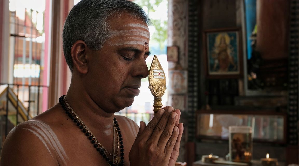 A Hindu devotee praying with folded hands while holding a traditional golden spear inside a temple.