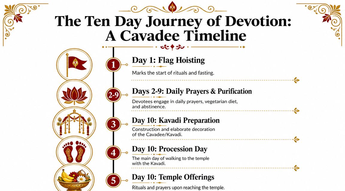 A timeline graphic illustrating the ten day devotional journey of the Cavadee festival with key rituals.