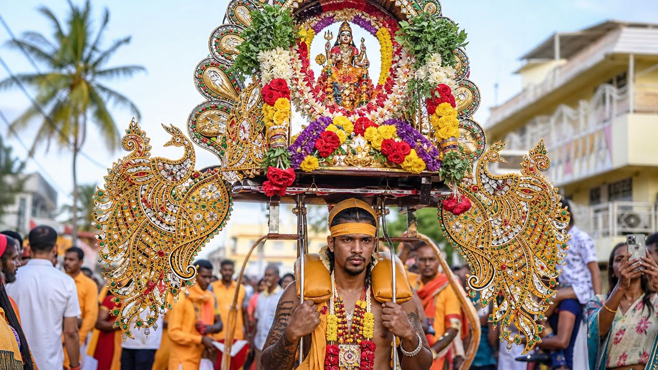 A devotee carrying an ornate Kavadi, decorated with flowers and peacock motifs, during a religious procession in Mauritius.