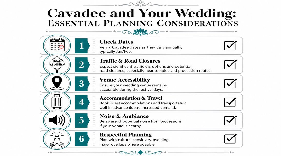An infographic titled Cavadee and Your Wedding outlining six essential planning considerations for weddings during the festival.