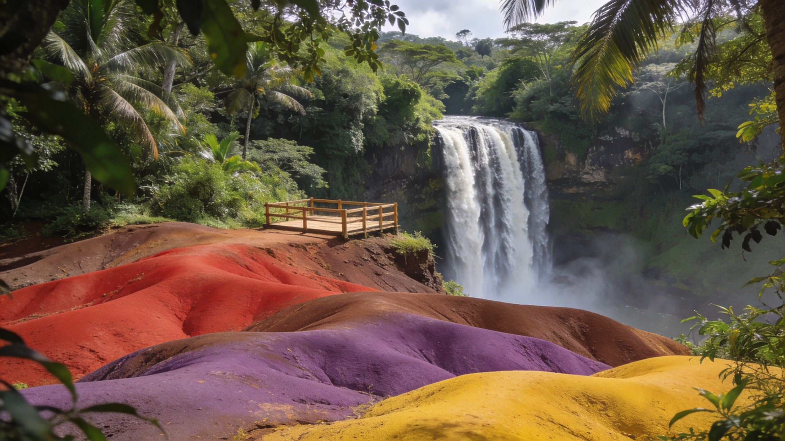 A breathtaking view of the Seven Colored Earths landscape in Mauritius featuring a cascading tropical waterfall nearby.