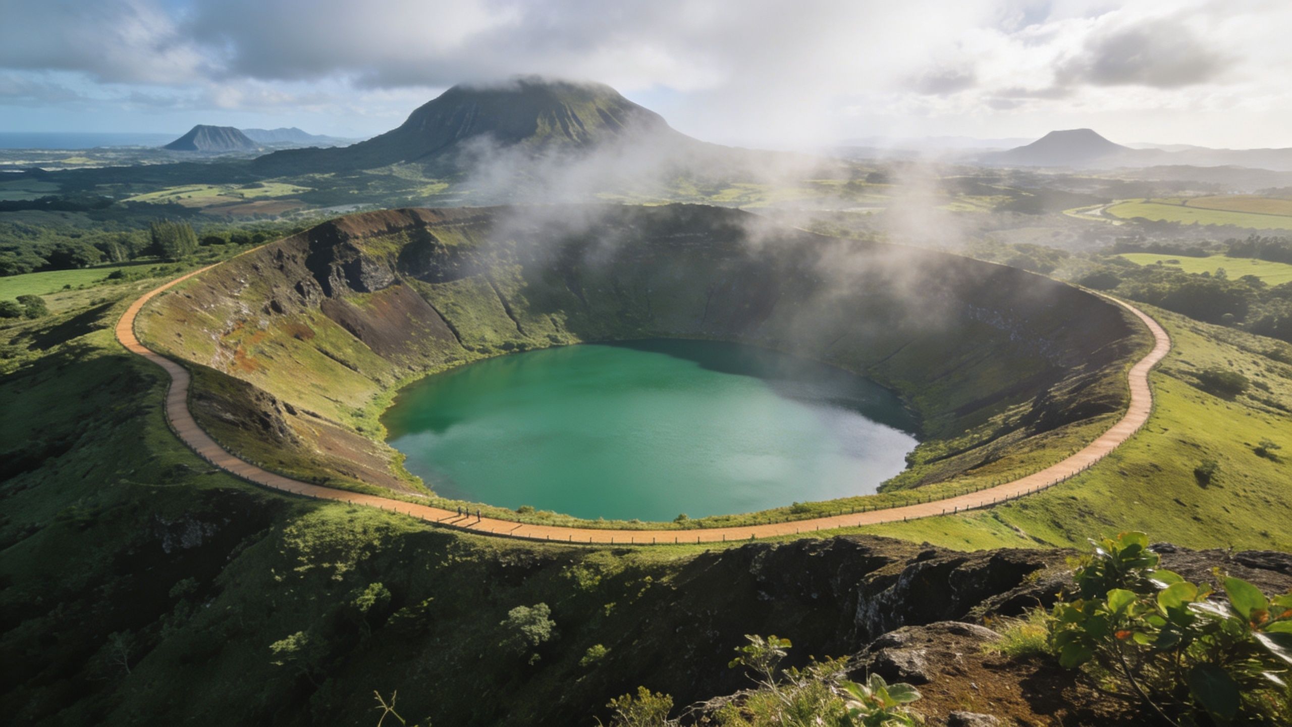 A scenic view of a vibrant green volcanic crater lake in Mauritius surrounded by lush landscape