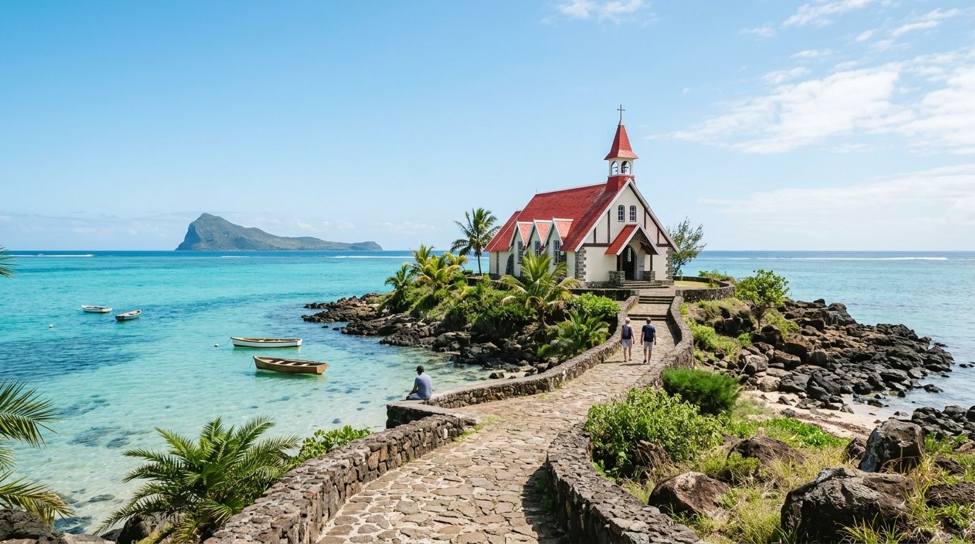 The iconic Notre-Dame Auxiliatrice de Cap Malheureux church by the turquoise sea in Mauritius