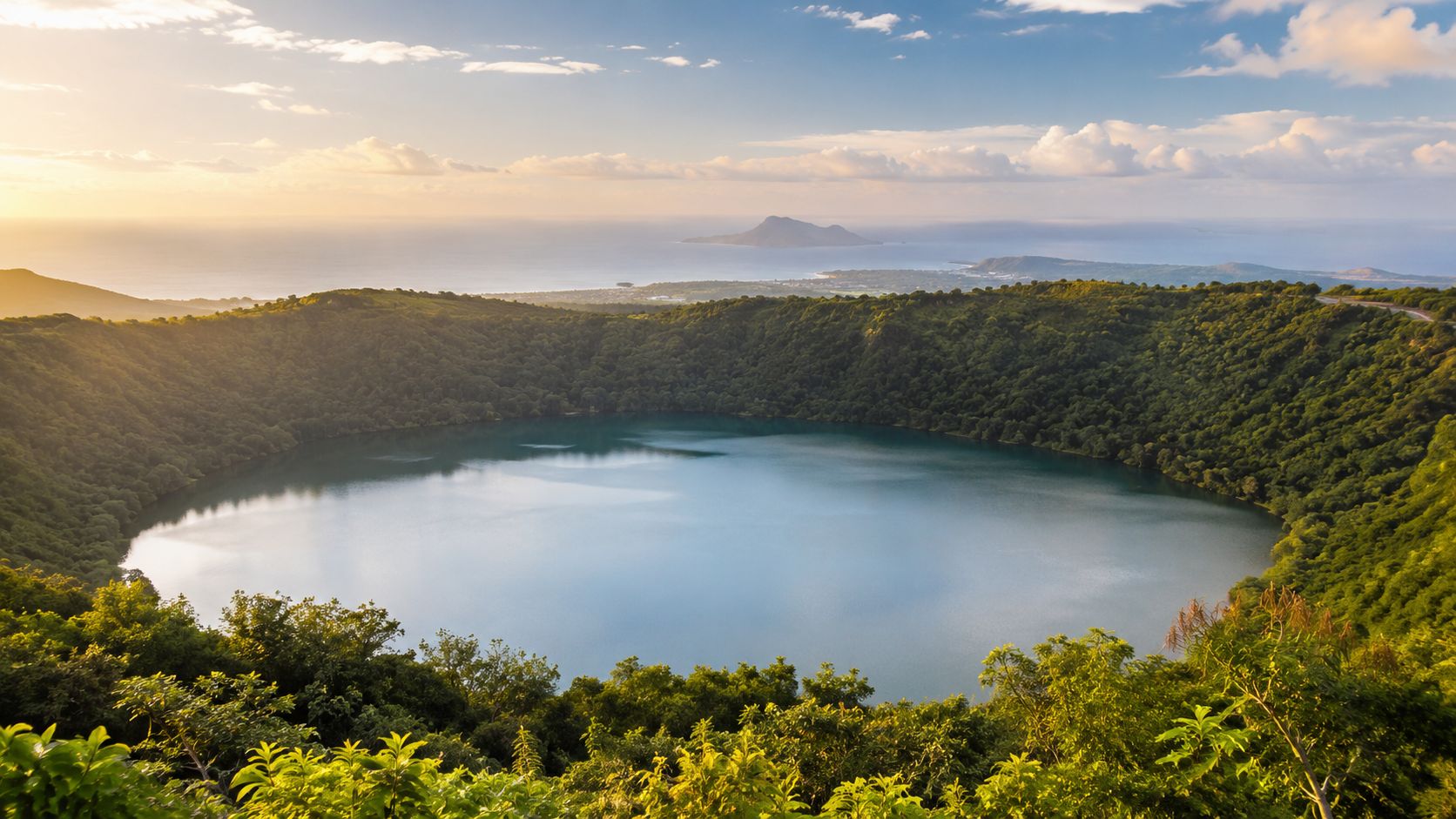 A scenic view of a lush green crater lake in Mauritius surrounded by dense forest at sunset.