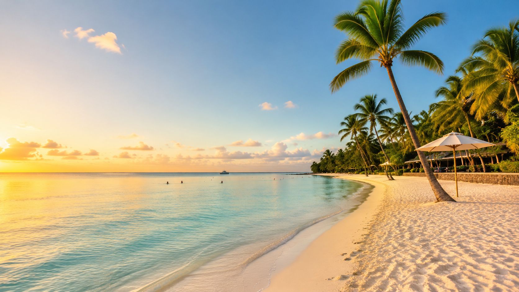 A scenic tropical beach in Mauritius during a golden sunset with palm trees and calm ocean waters.