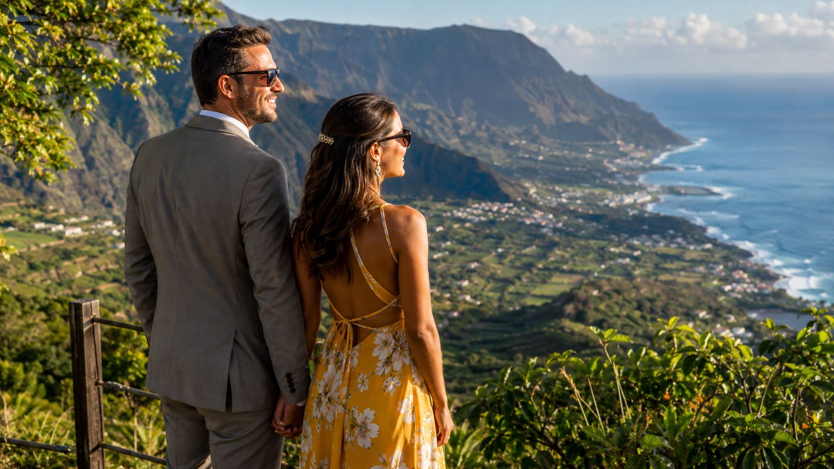 A couple in formal attire stands overlooking a scenic coastline and mountains on Reunion Island.