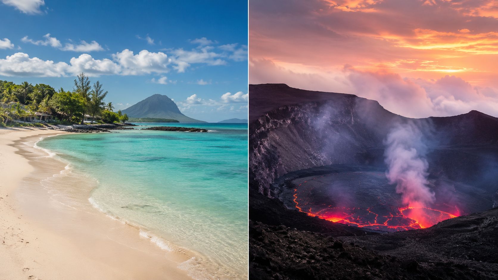 A split-view image showing a tranquil tropical beach on the left and a dramatic erupting volcano on the right.