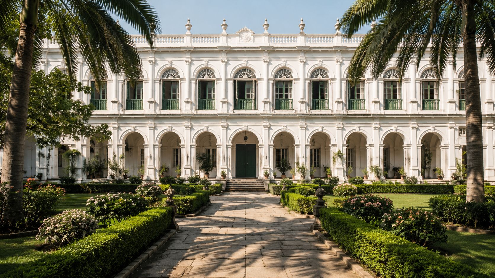 A grand white historic colonial building with arched walkways and palm trees at a sunny garden estate.