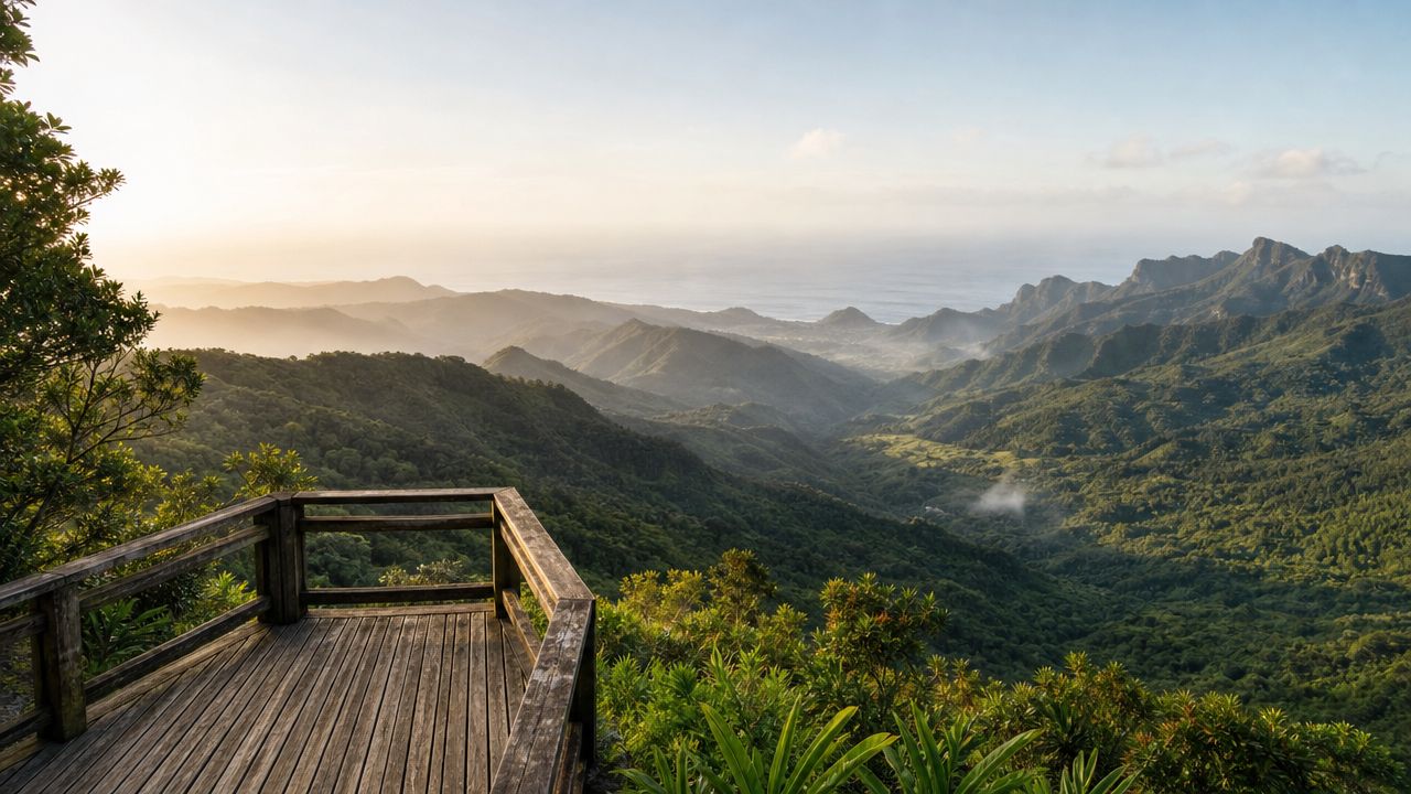 A wooden lookout platform offering a breathtaking panoramic view of a lush green valley in Mauritius.