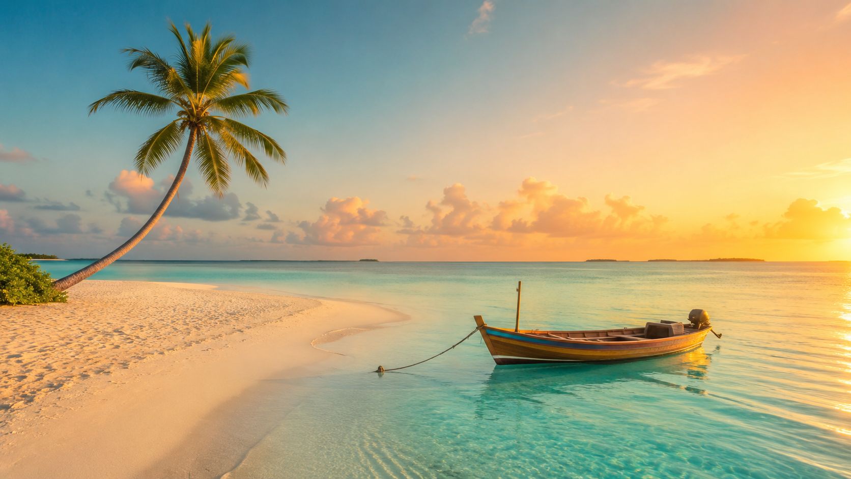 A serene tropical beach in Mauritius with a lone boat anchored near a swaying palm tree at sunset.