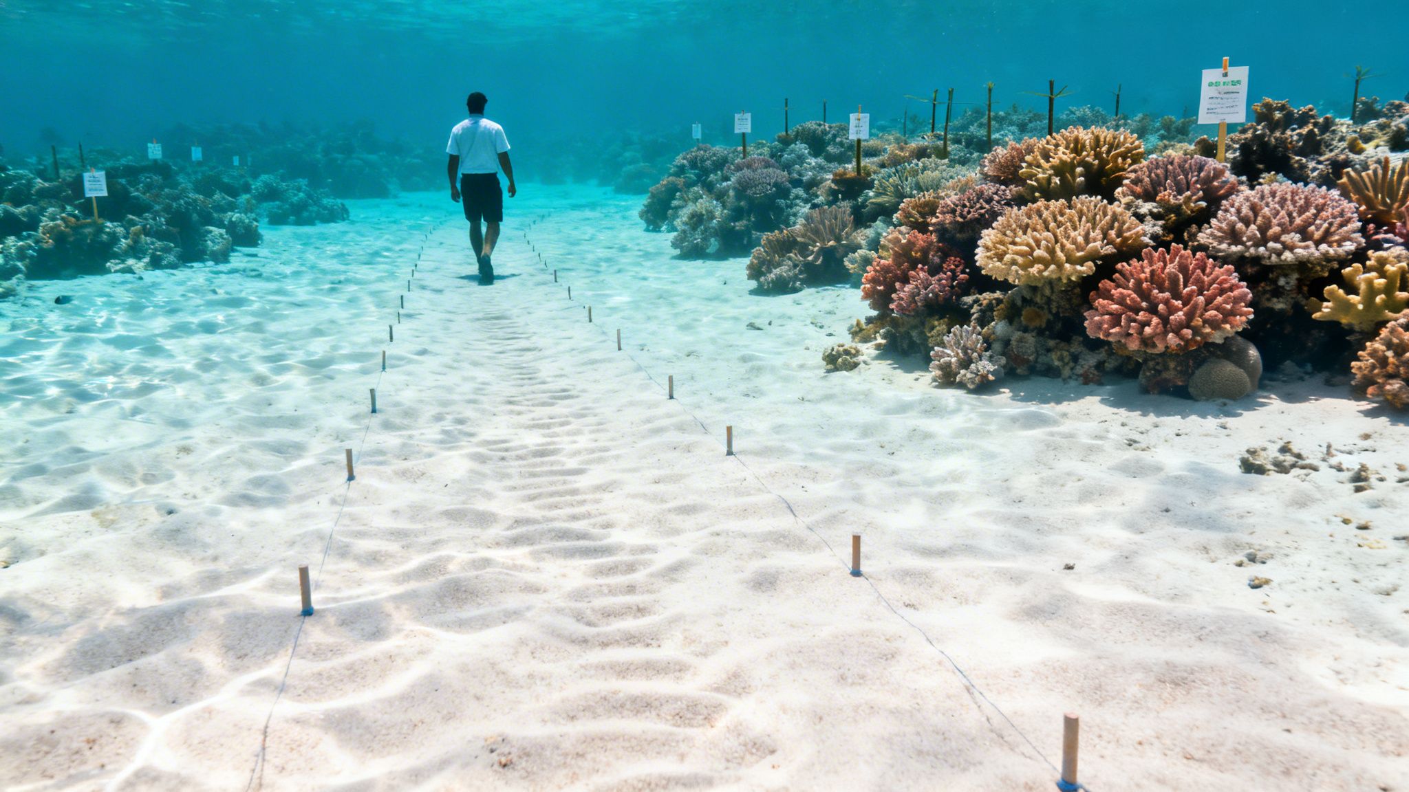 A person walks on a pristine sandy seafloor amidst vibrant coral reefs and scientific markers underwater.