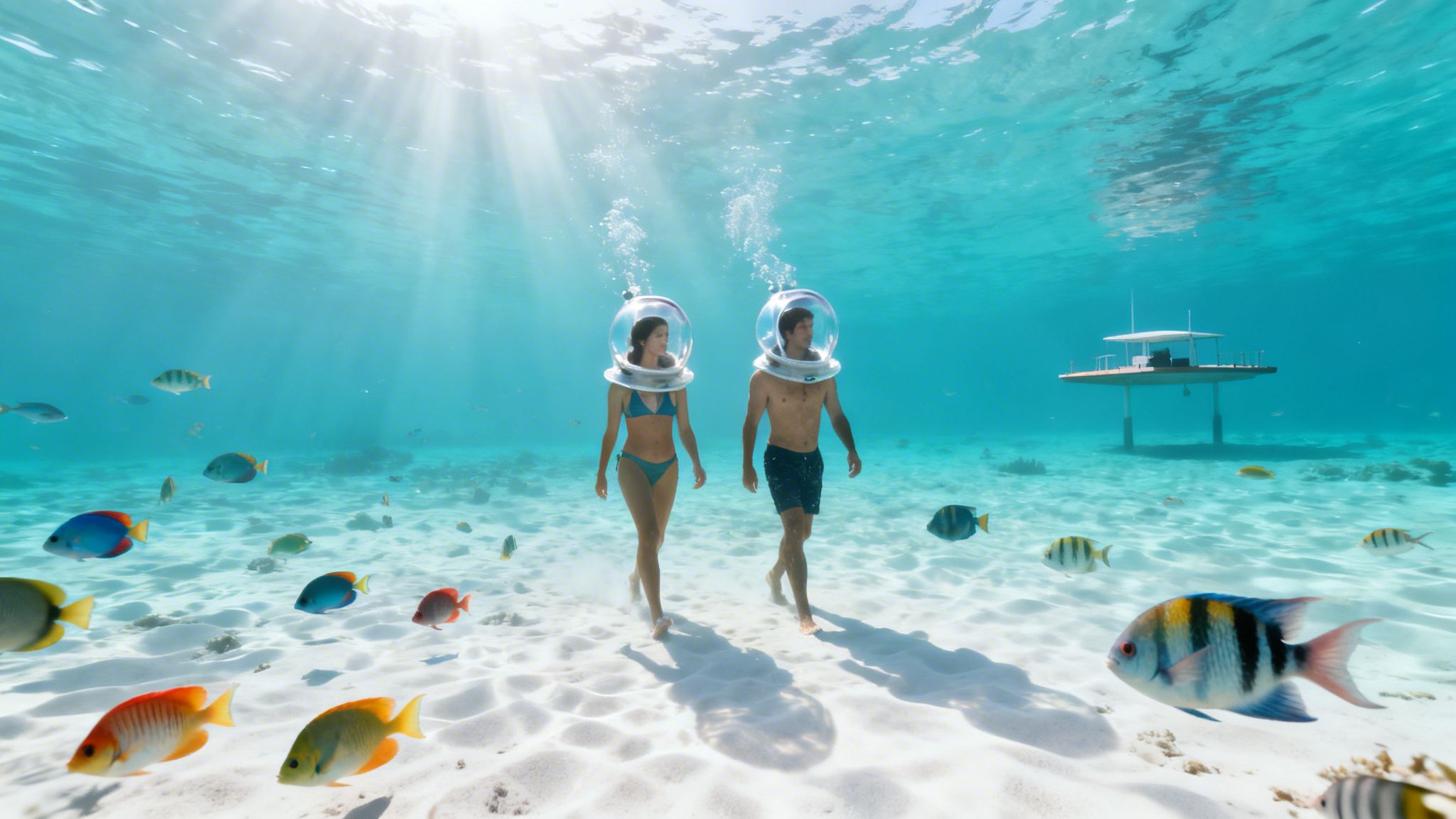 A couple in clear diving helmets walks on a sandy seabed with colorful fish and sun rays.