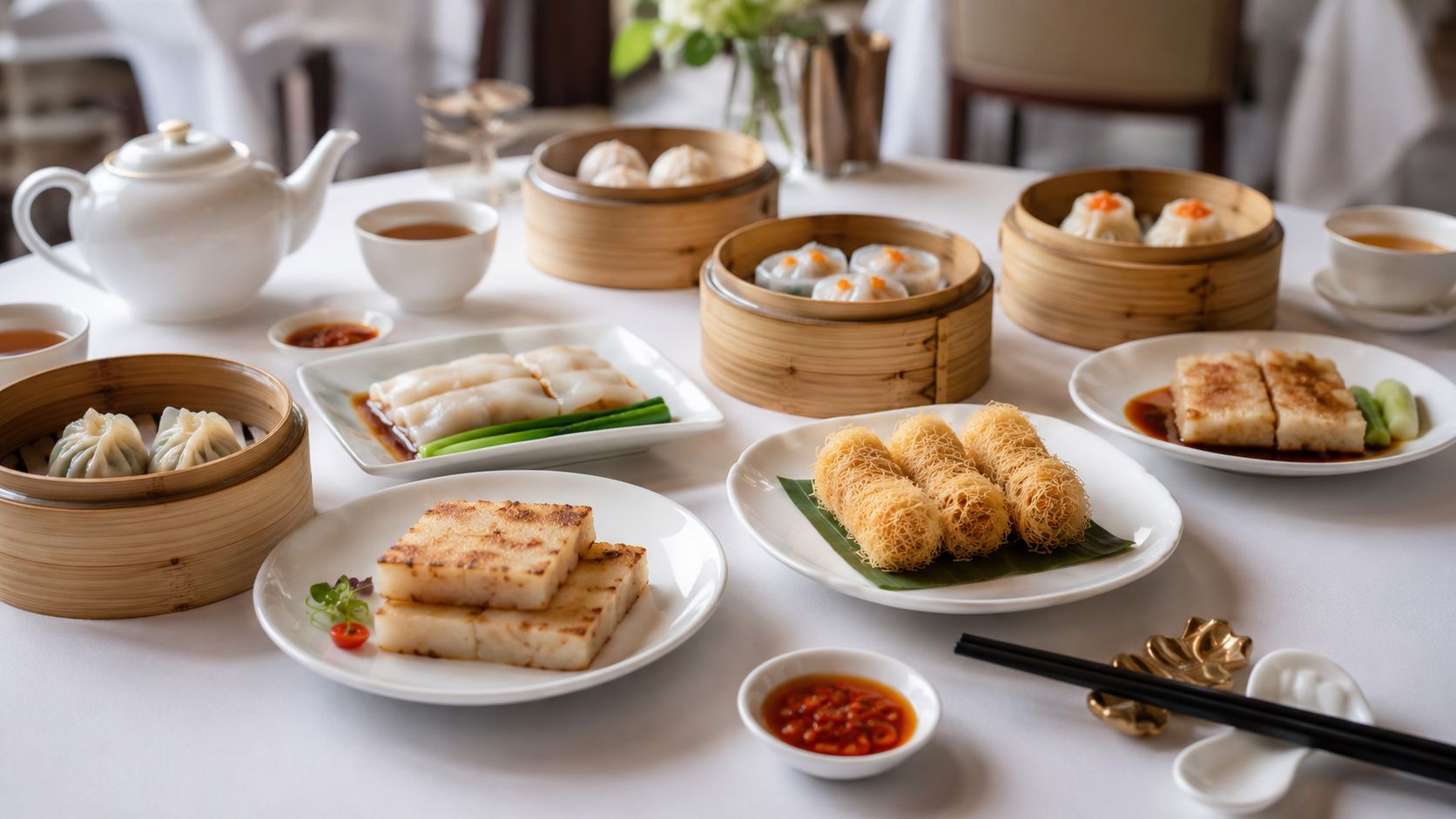 A luxurious spread of various traditional dim sum dishes served in bamboo steamers and white ceramic plates.