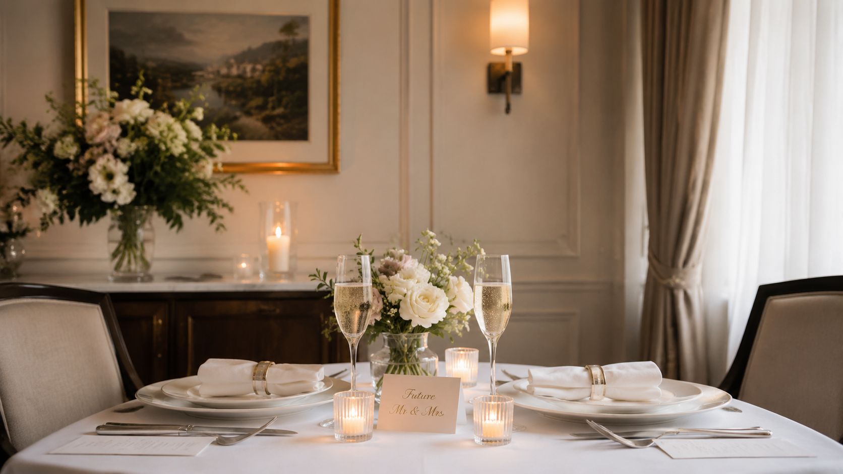 An elegant romantic table setting for two, featuring champagne glasses, candles, and a Future Mr. & Mrs. card.