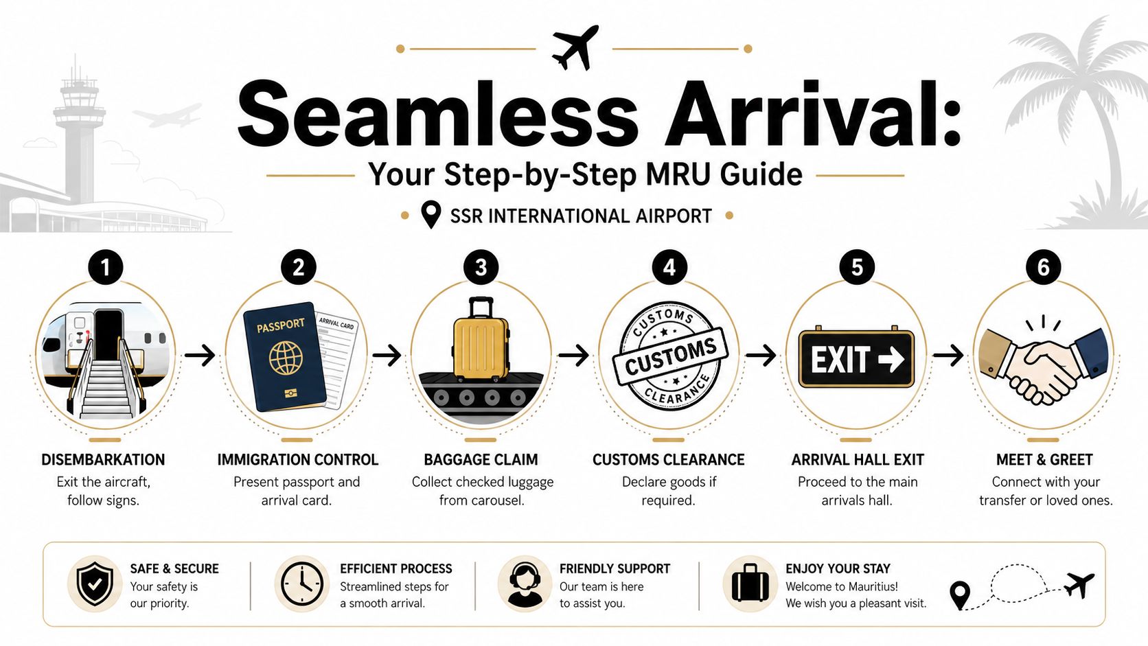 A step-by-step infographic guide for arrivals at Sir Seewoosagur Ramgoolam International Airport in Mauritius.