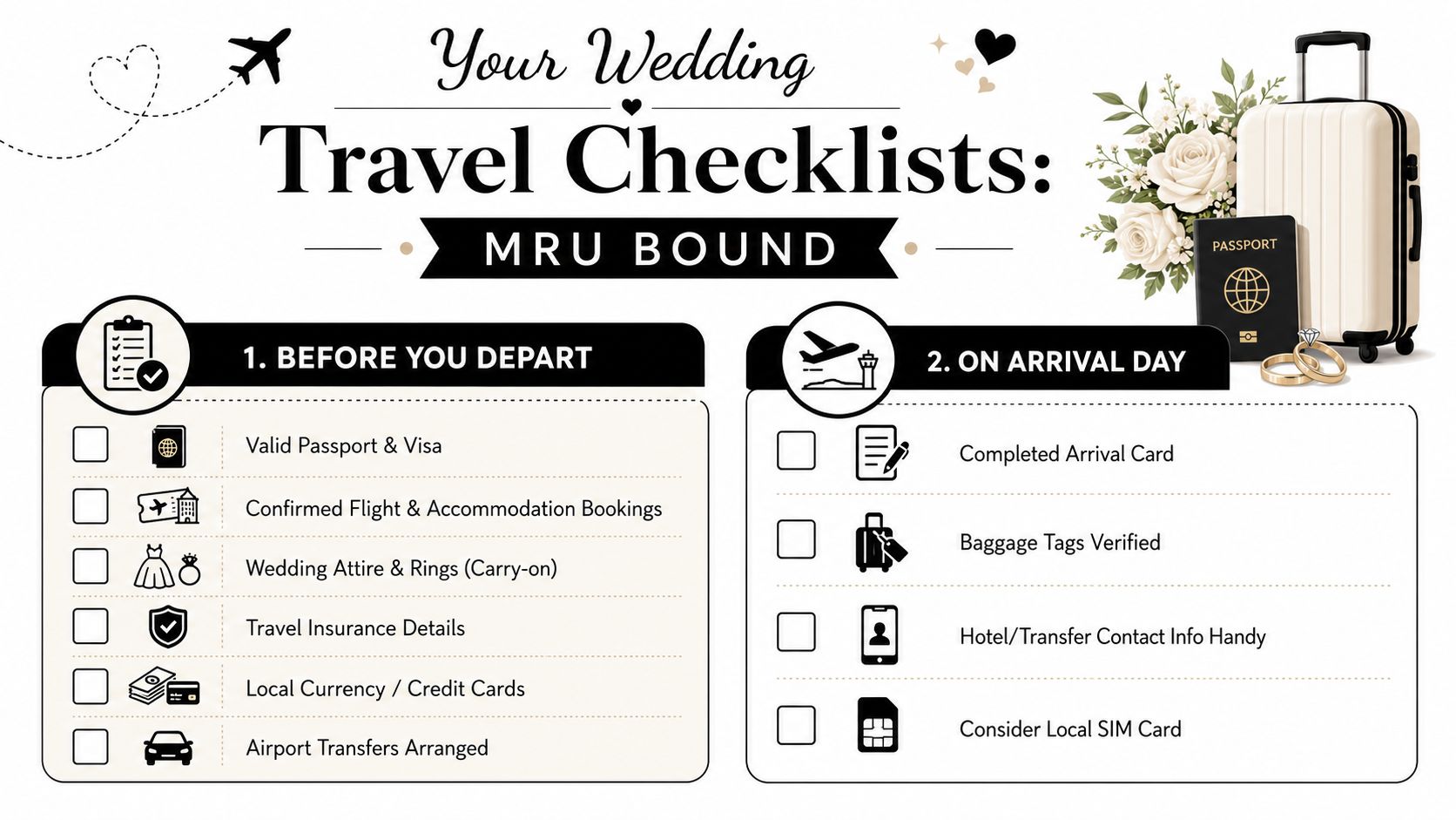 A travel checklist graphic for a destination wedding in Mauritius featuring essential items for departure and arrival.