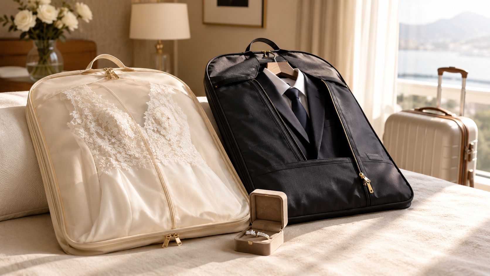 A wedding dress bag and a suit bag with a jewelry box on a hotel bed.