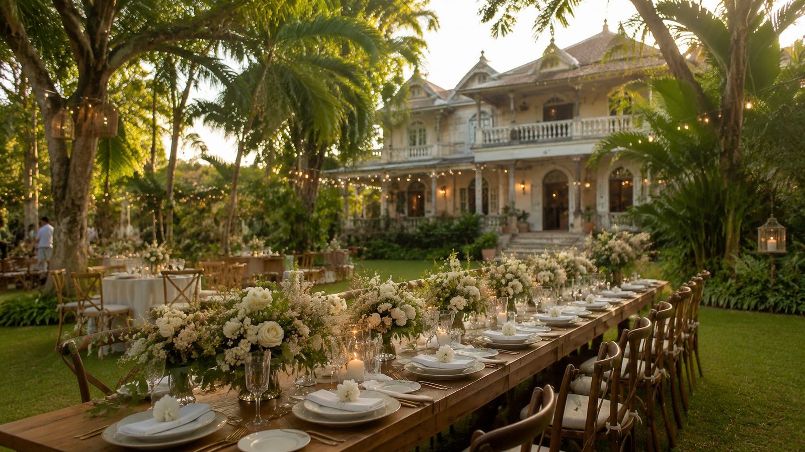 An elegant long dinner table set up for an outdoor garden wedding reception in front of a chateau.