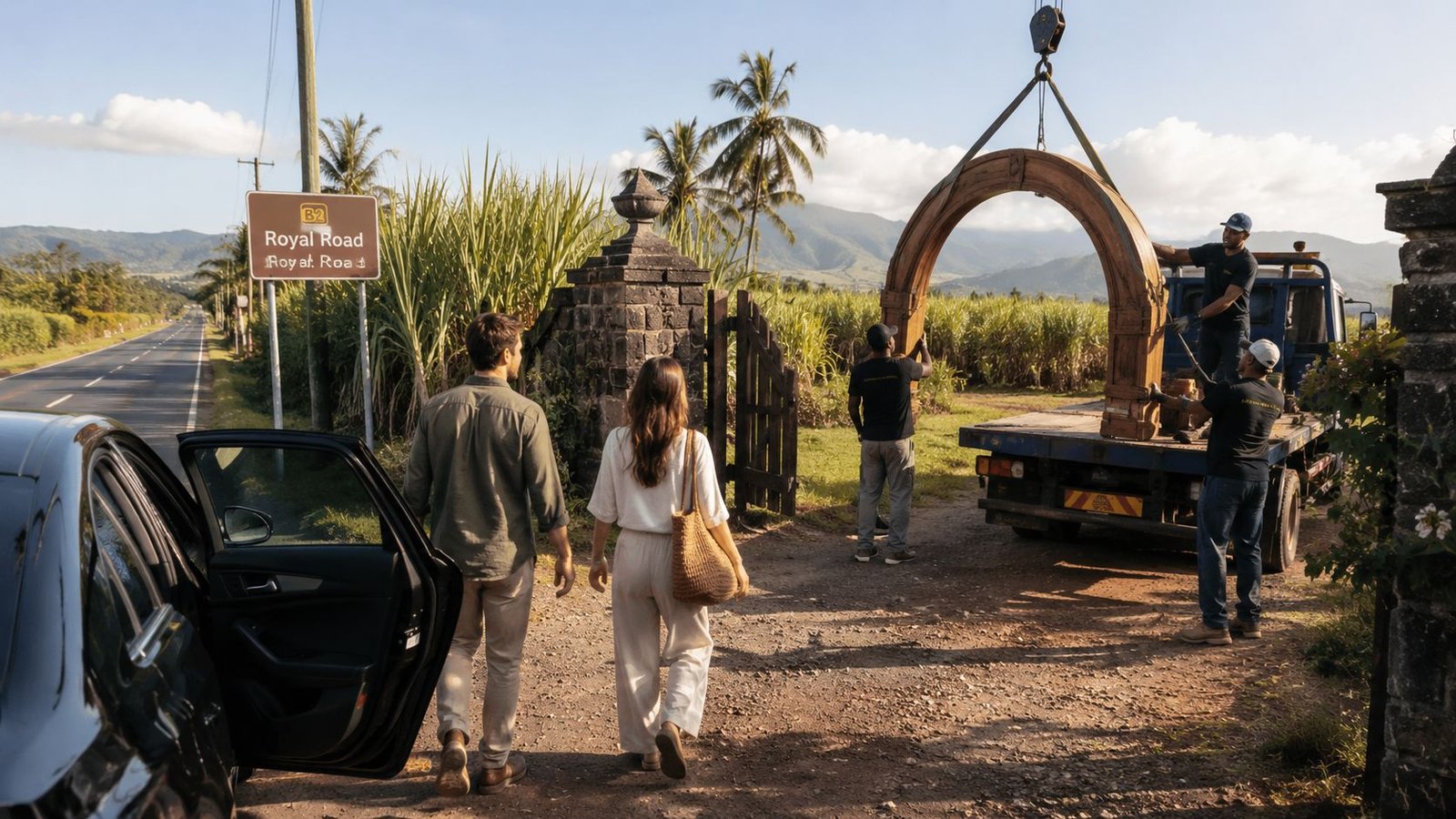 A couple walks towards an entrance gate while workers unload a wooden arch from a flatbed truck.