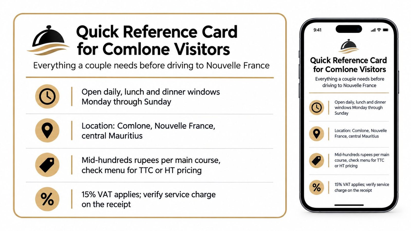 A quick reference information card for Comlone restaurant visitors, highlighting operating hours, location, pricing, and taxes.