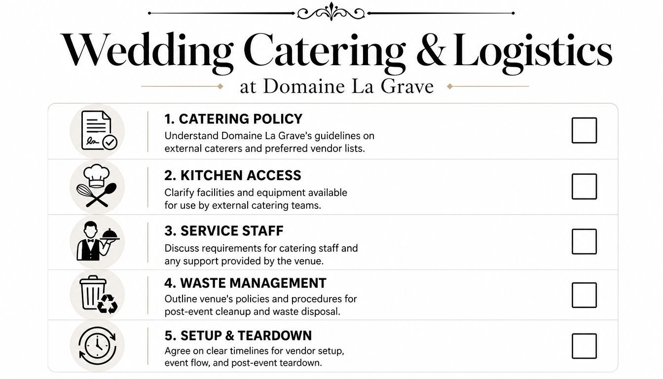 A checklist for Domaine La Grave wedding catering and logistics including policy, kitchen access, staff, waste, and setup.