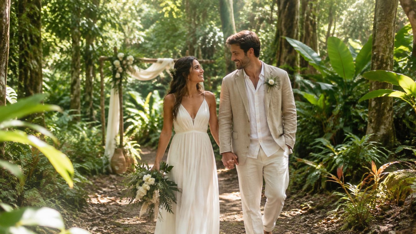 A happy bride and groom walking hand in hand through a lush tropical forest wedding venue.